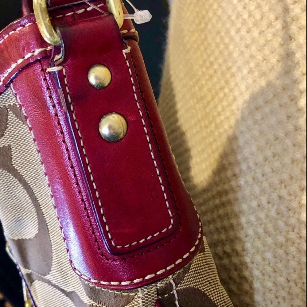 COACH Hampton Signature C Canvas Crimson Red Leather Embroidered Shoulder Bag - Picture 9 of 16